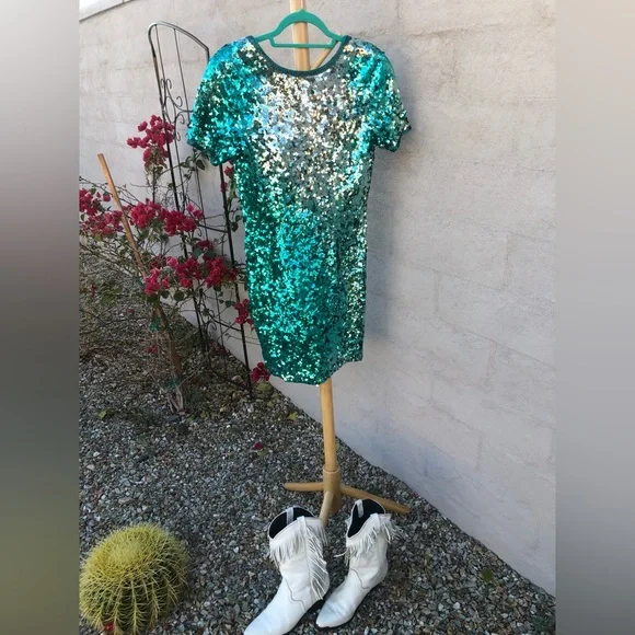 Vintage mini teal silver ombré beaded and sequin mini dress - Picture 11 of 14